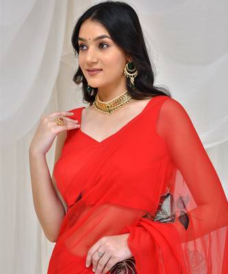 Red hand-painted & aari embroidered georgette saree with stiched blouse 4