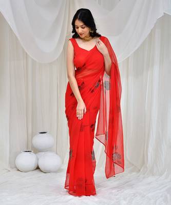Red hand-painted & aari embroidered georgette saree with stiched blouse 5