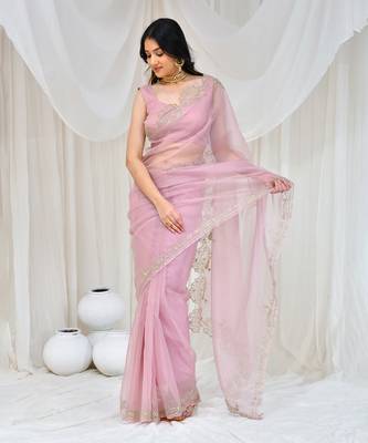 Rose gold embroidered organza saree with  stiched blouse 1