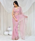 Rose gold embroidered organza saree with  stiched blouse