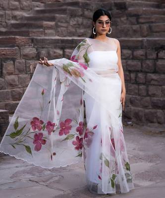 White Hand Painted Pure Organza Saree Without Blouse 1