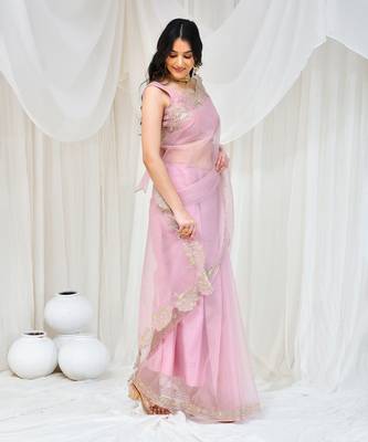 Rose gold embroidered organza saree with  stiched blouse 2