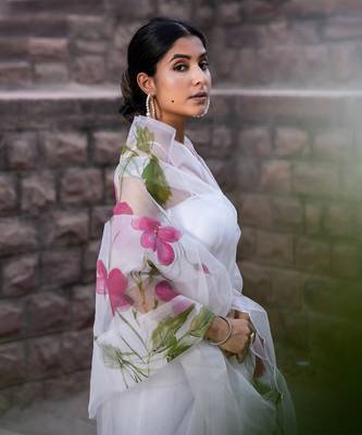 White Hand Painted Pure Organza Saree Without Blouse 2