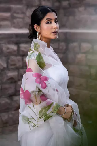 White Hand Painted Pure Organza Saree Without Blouse