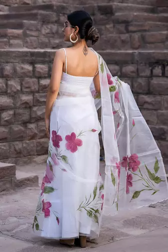 White Hand Painted Pure Organza Saree Without Blouse