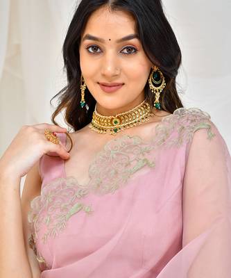 Rose gold embroidered organza saree with  stiched blouse 3