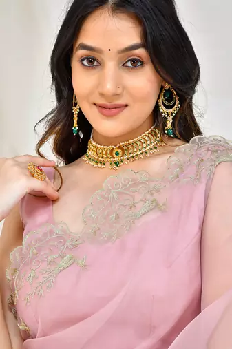 Rose gold embroidered organza saree with  stiched blouse