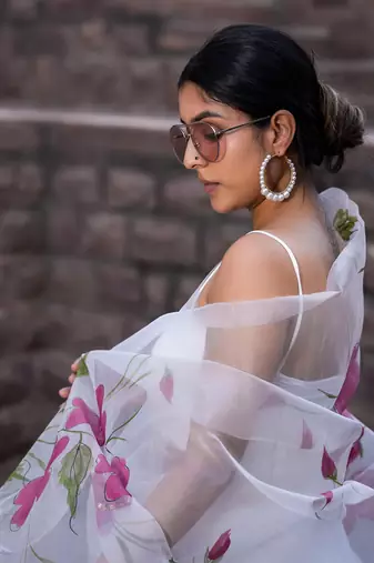 White Hand Painted Pure Organza Saree Without Blouse