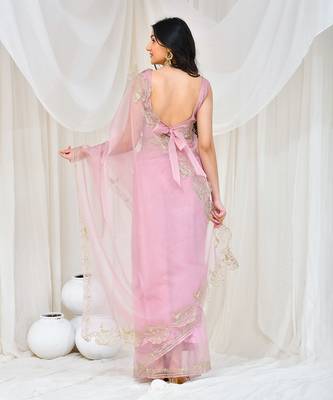 Rose gold embroidered organza saree with  stiched blouse 4