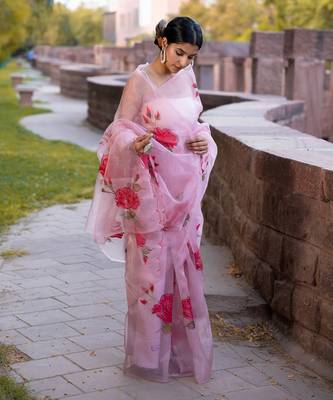Light Pink Organza Pink Floral Printed Party Wear Saree 1