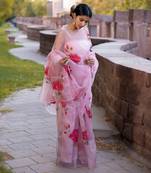 Light Pink Organza Pink Floral Printed Party Wear Saree