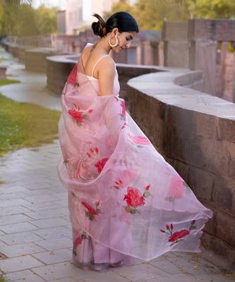 Light Pink Organza Pink Floral Printed Party Wear Saree 2