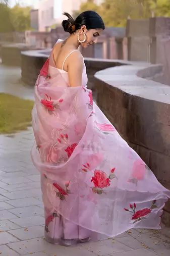Light Pink Organza Pink Floral Printed Party Wear Saree