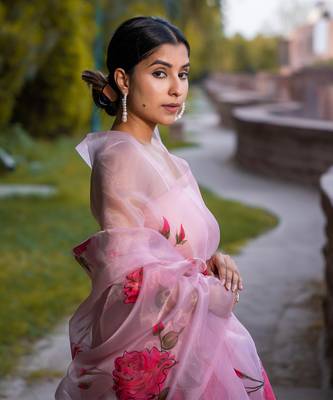 Light Pink Organza Pink Floral Printed Party Wear Saree 3