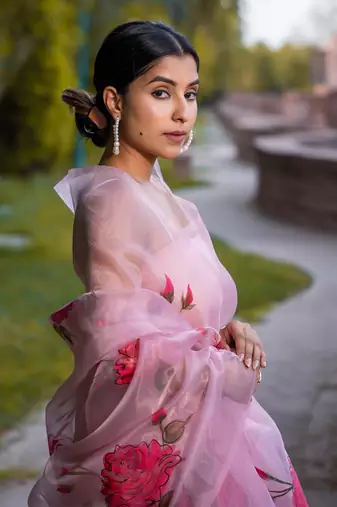 Light Pink Organza Pink Floral Printed Party Wear Saree