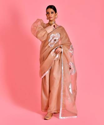 Beige hand painted organza fusion saree with stiched blouse 1