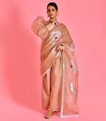 Beige hand painted organza fusion saree with stiched blouse