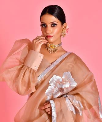 Beige hand painted organza fusion saree with stiched blouse 2