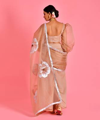 Beige hand painted organza fusion saree with stiched blouse 3