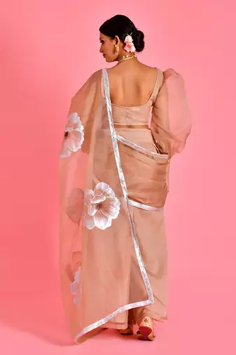 Beige hand painted organza fusion saree with stiched blouse