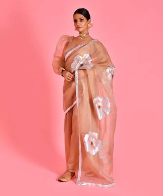 Beige hand painted organza fusion saree with stiched blouse 4