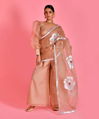 Beige hand painted organza fusion saree with stiched blouse 5
