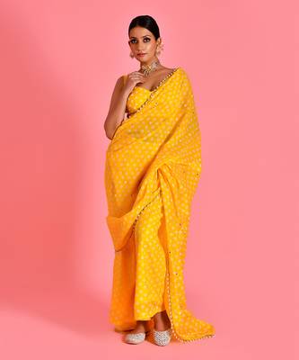 Yellow hand embroidered chanderi fusion saree with stiched blouse 1