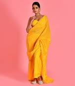 Yellow hand embroidered chanderi fusion saree with stiched blouse