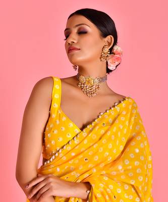 Yellow hand embroidered chanderi fusion saree with stiched blouse 2
