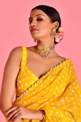 Yellow hand embroidered chanderi fusion saree with stiched blouse