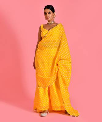 Yellow hand embroidered chanderi fusion saree with stiched blouse 3