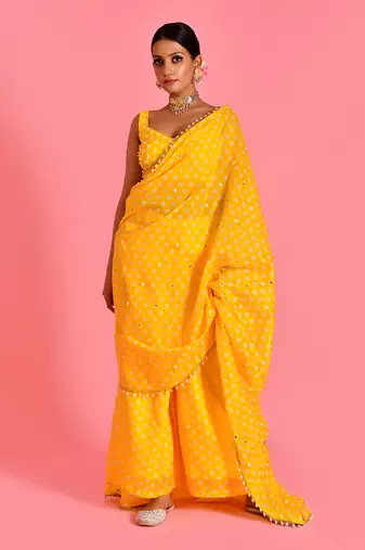 Yellow hand embroidered chanderi fusion saree with stiched blouse