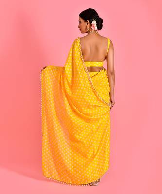 Yellow hand embroidered chanderi fusion saree with stiched blouse 4