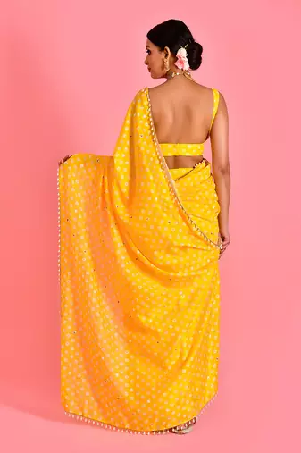 Yellow hand embroidered chanderi fusion saree with stiched blouse