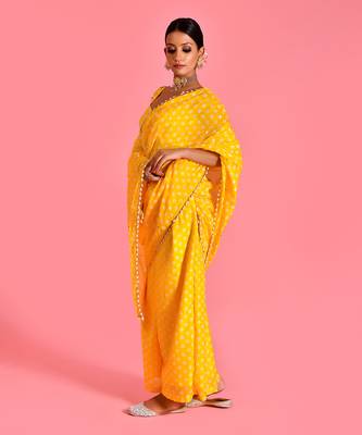 Yellow hand embroidered chanderi fusion saree with stiched blouse 5