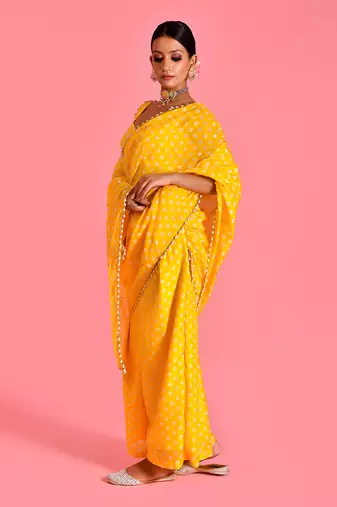 Yellow hand embroidered chanderi fusion saree with stiched blouse
