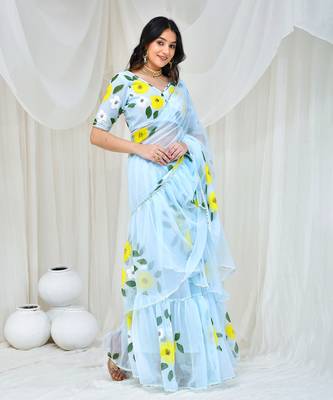 Sky blue hand painted georgette lehenga saree with stiched blouse 1