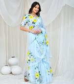 Sky blue hand painted georgette lehenga saree with stiched blouse