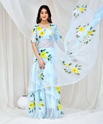 Sky blue hand painted georgette lehenga saree with stiched blouse 2