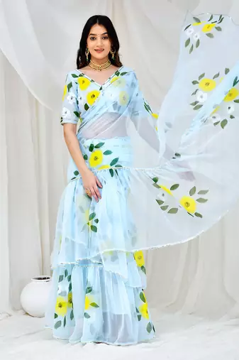 Sky blue hand painted georgette lehenga saree with stiched blouse