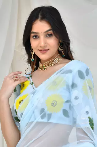 Sky blue hand painted georgette lehenga saree with stiched blouse