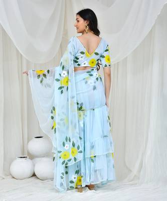 Sky blue hand painted georgette lehenga saree with stiched blouse 4