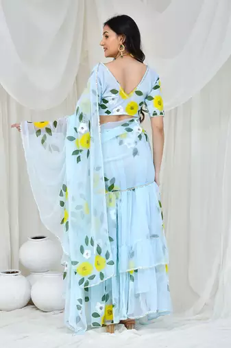 Sky blue hand painted georgette lehenga saree with stiched blouse