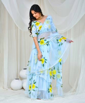 Sky blue hand painted georgette lehenga saree with stiched blouse 5