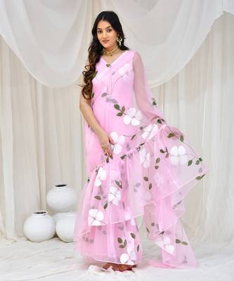 Pink Organza Hand Painted Gown Saree Without Blouse 1