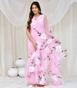 Pink Organza Hand Painted Gown Saree Without Blouse