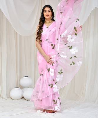 Pink Organza Hand Painted Gown Saree Without Blouse 2