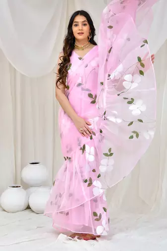 Pink Organza Hand Painted Gown Saree Without Blouse