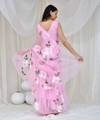 Pink Organza Hand Painted Gown Saree Without Blouse 3