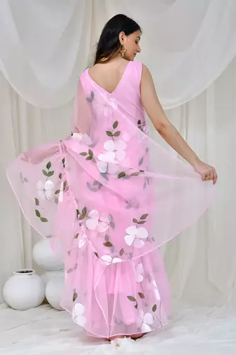 Pink Organza Hand Painted Gown Saree Without Blouse